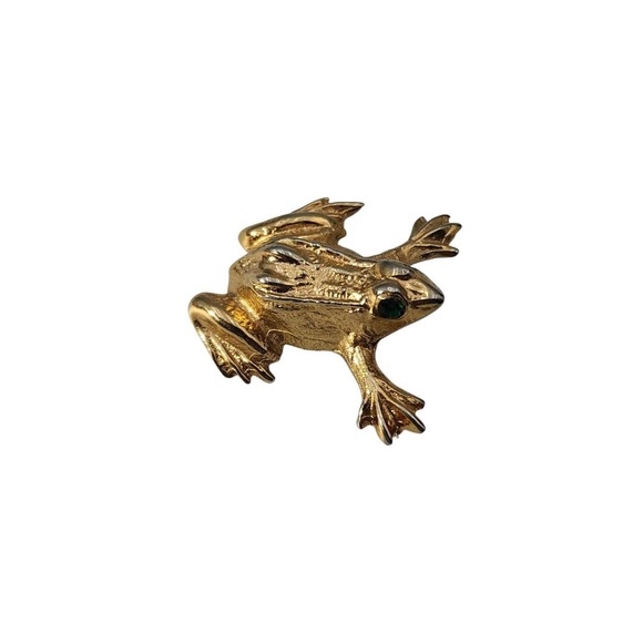 Jewelry - Vintage signed Napier gold tone FROG w/ green rhinestone eyes brooch pin